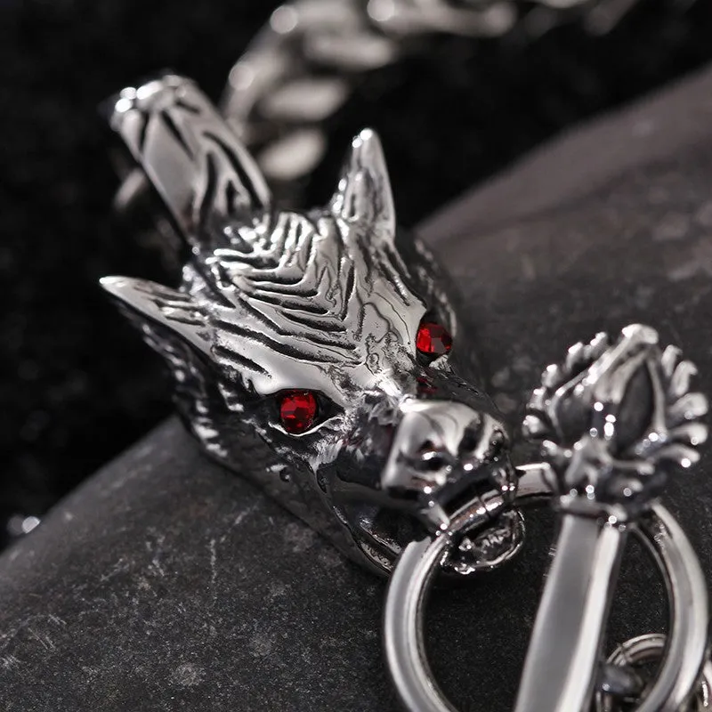 Stainless Steel Red Eyes Wolf Link Chain Toggle Bracelet