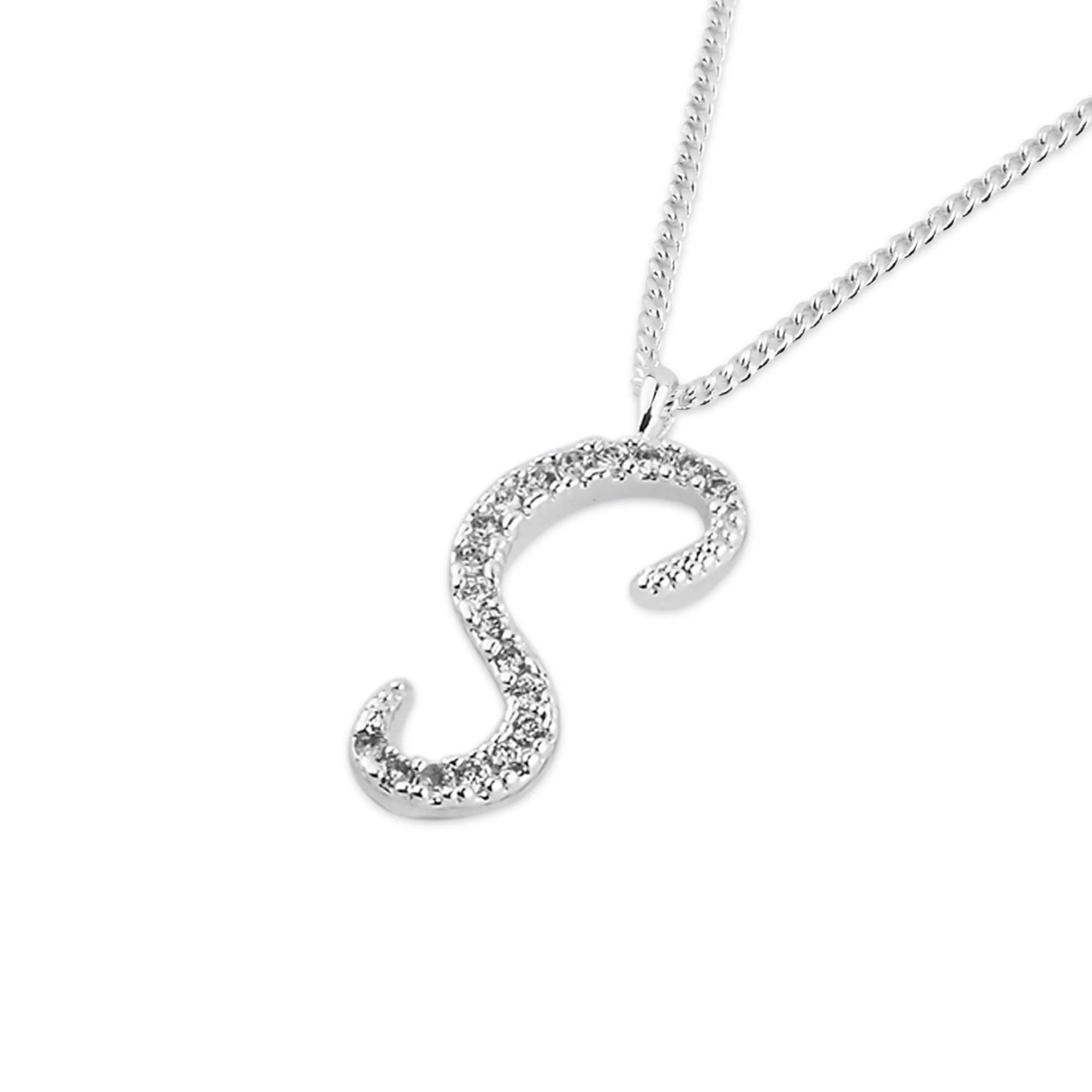 Sterling Silver-Plated (S) Initial Pendant Necklace White