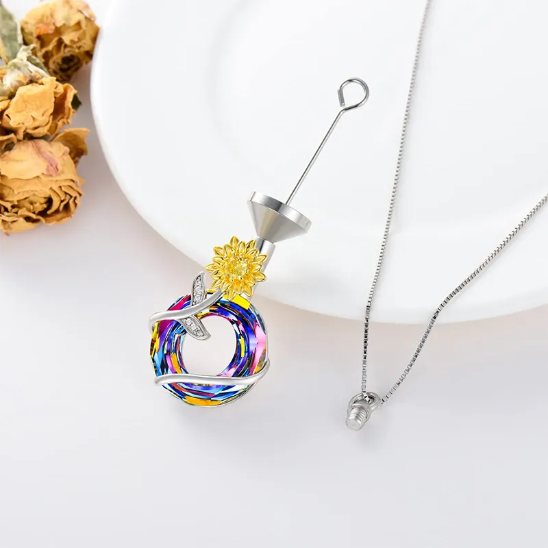 Sunflower Urn Necklace for Ashes 925 Sterling Silver with Crystal Cremation Necklace Memorial Jewelry Keepsake for Women