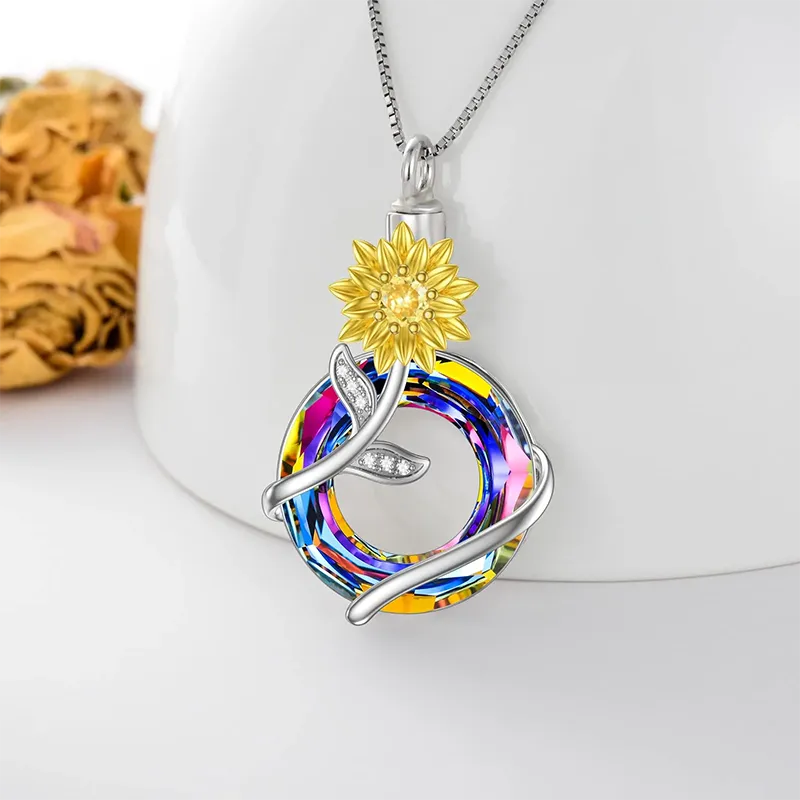 Sunflower Urn Necklace for Ashes 925 Sterling Silver with Crystal Cremation Necklace Memorial Jewelry Keepsake for Women