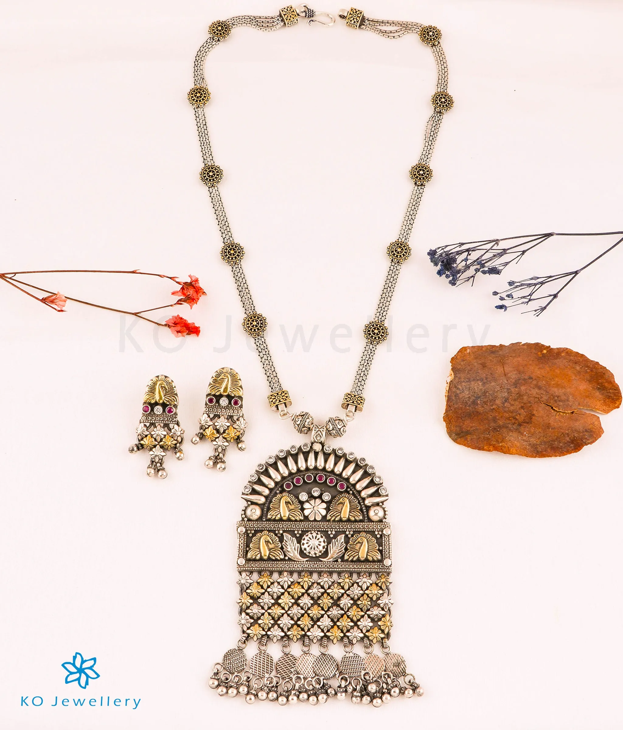 The Vibhav Silver Antique Peacock Necklace (2 tone)