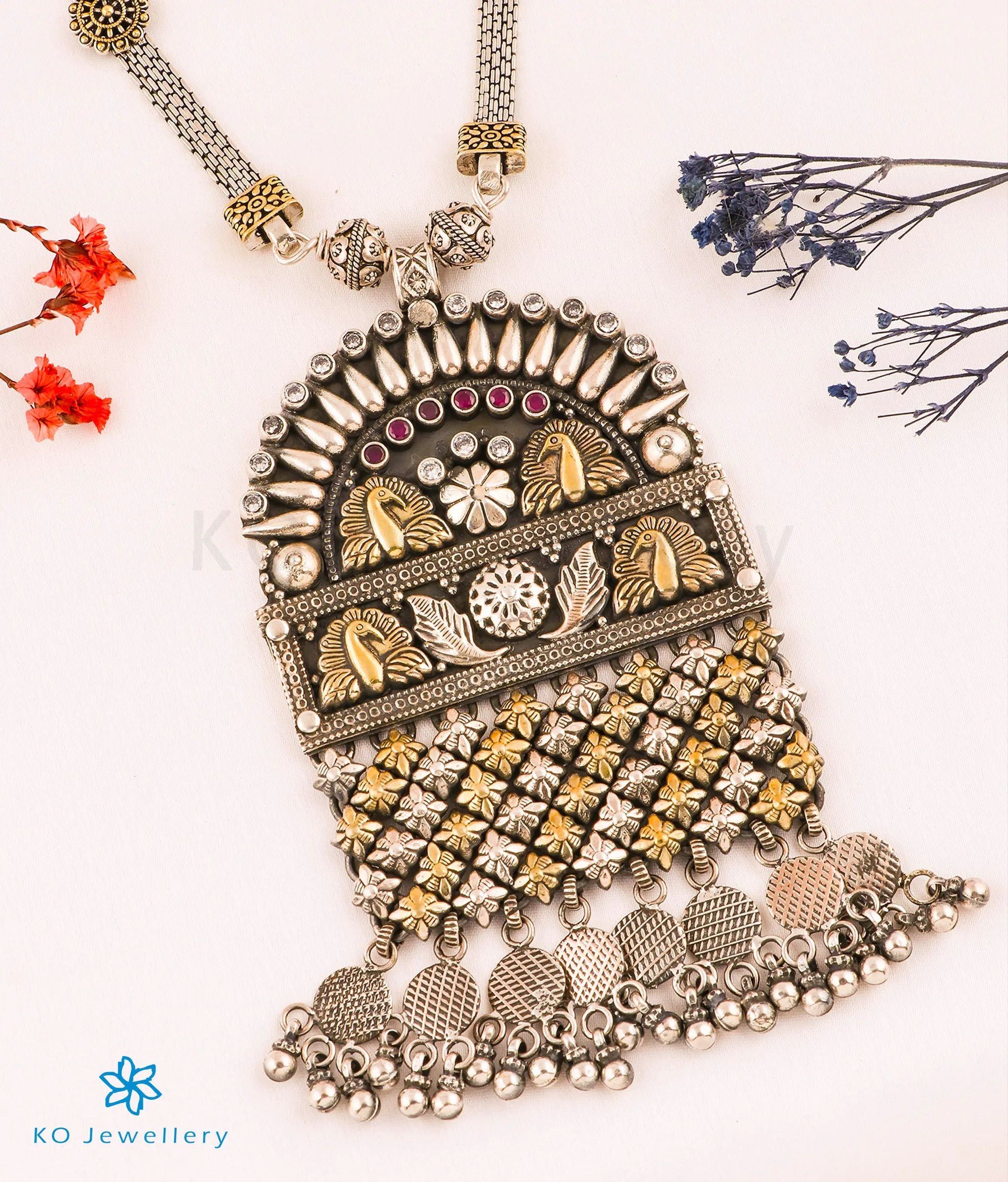 The Vibhav Silver Antique Peacock Necklace (2 tone)