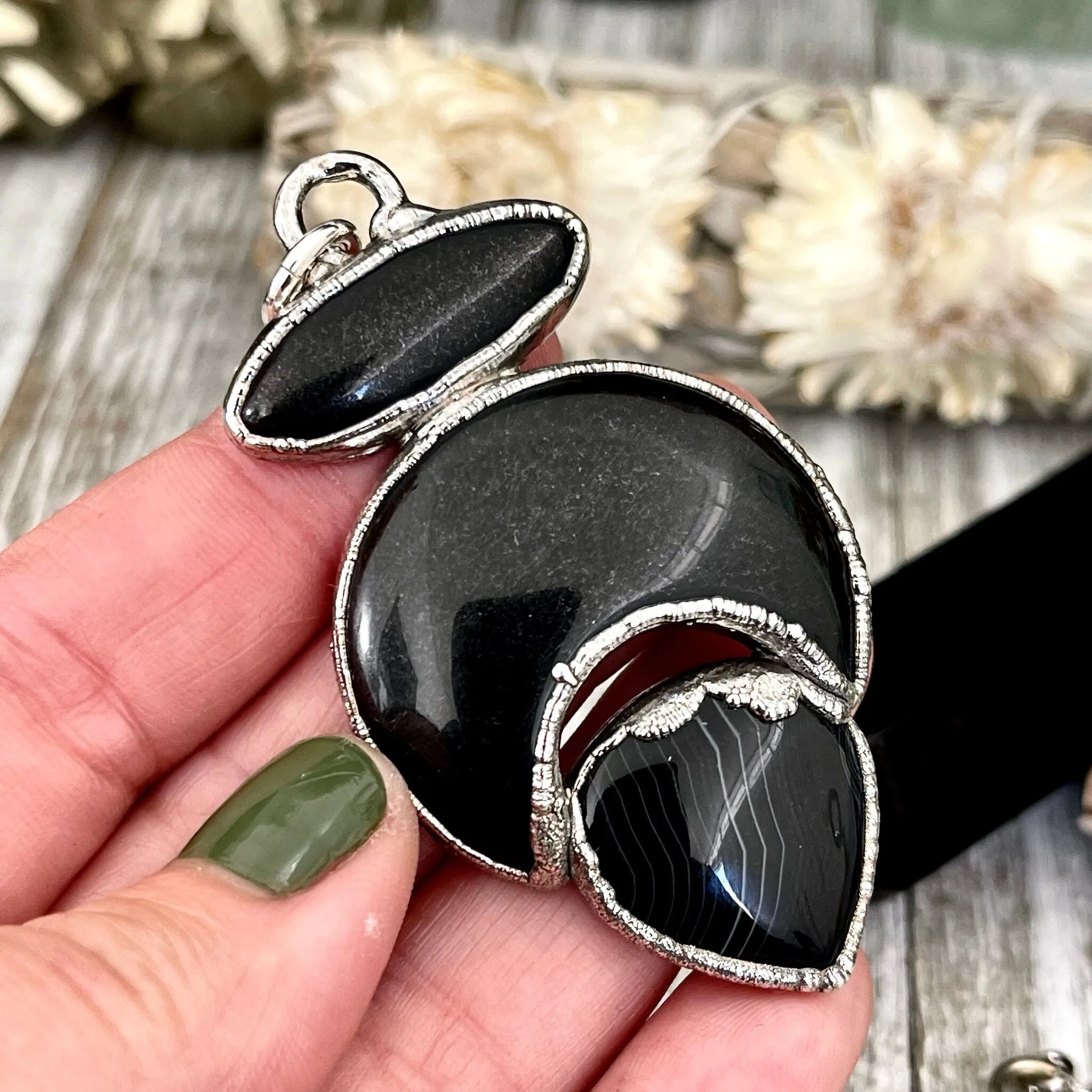 Three Stone Black Onyx Black Banded Agate Necklace in Fine Silver / Foxlark - One of a Kind Jewelry /