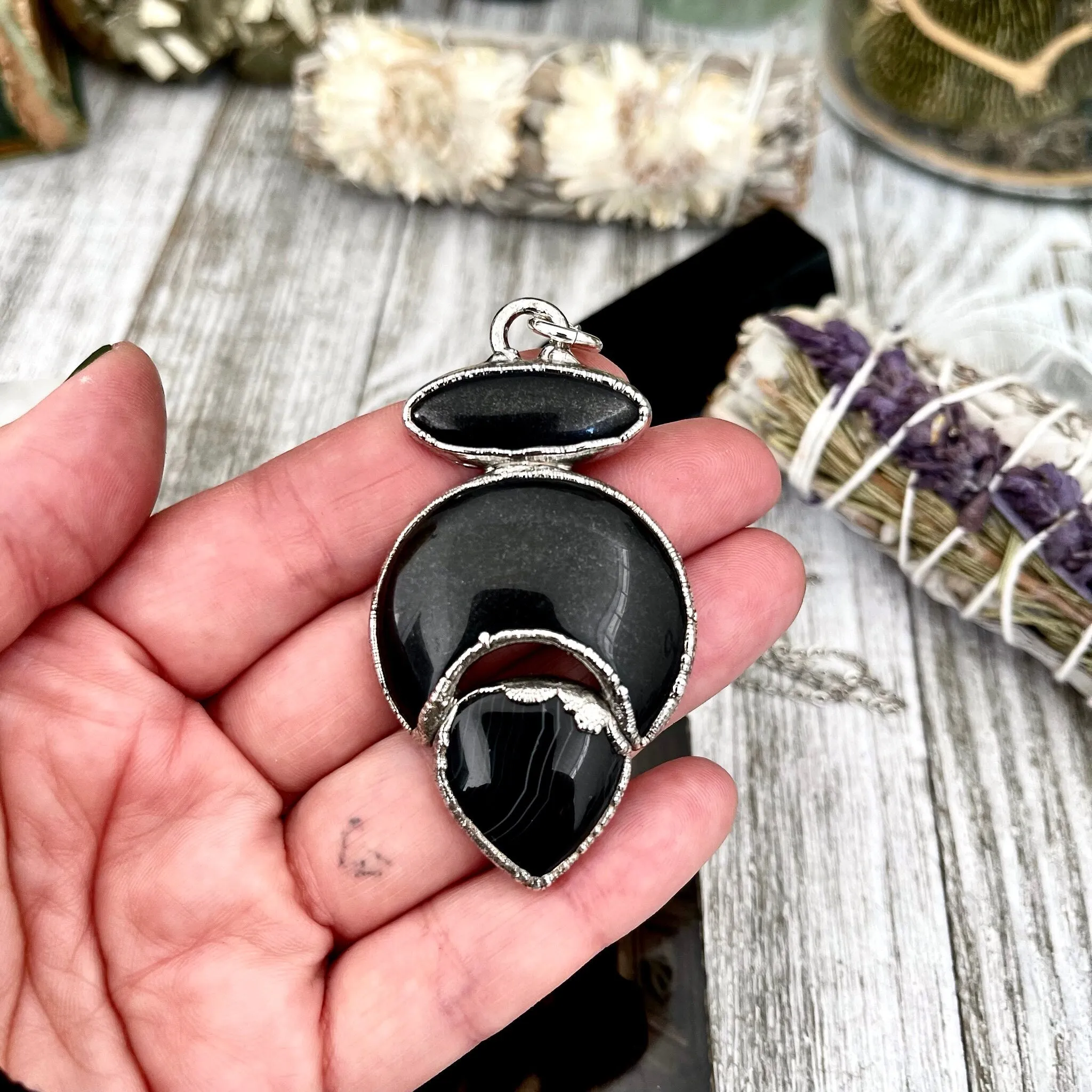 Three Stone Black Onyx Black Banded Agate Necklace in Fine Silver / Foxlark - One of a Kind Jewelry /