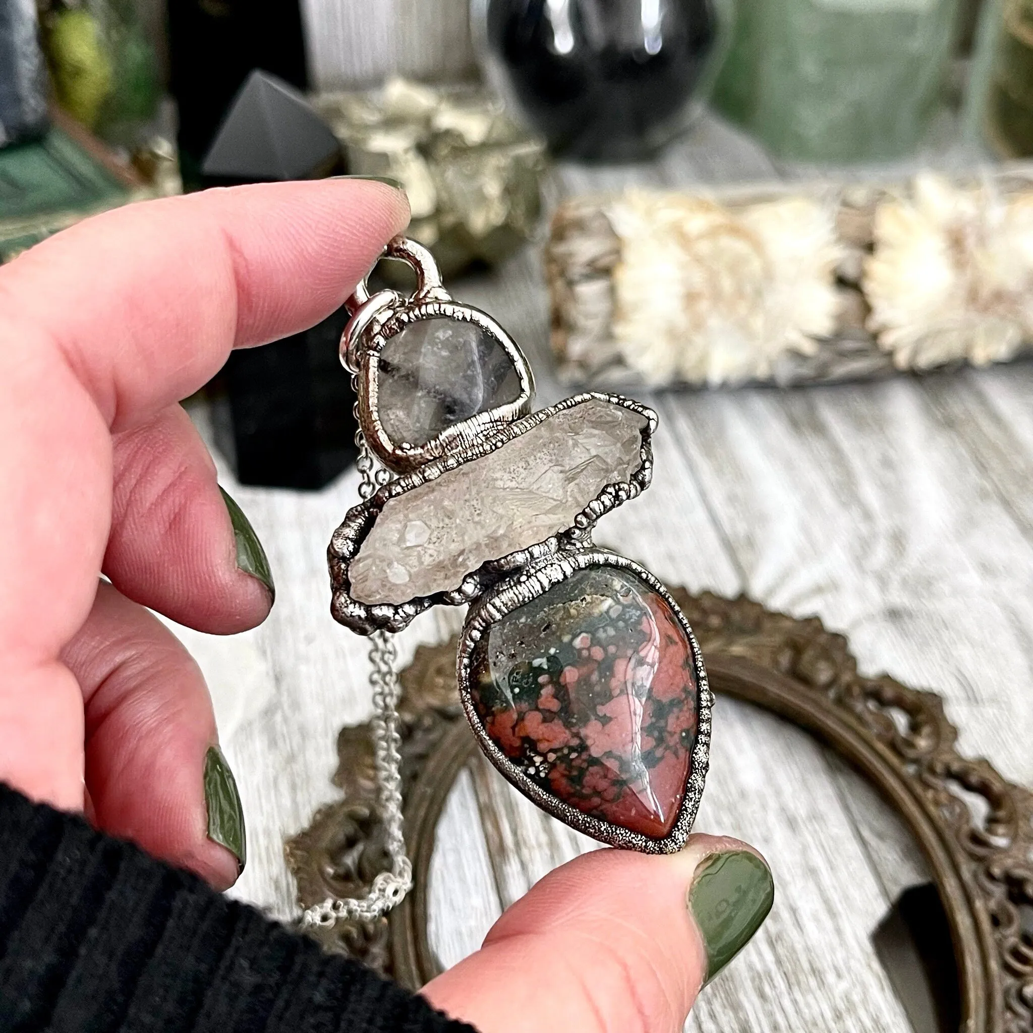 Three Stone Clear Quartz Tourmaline Quartz Bloodstone Necklace in Fine Silver / Foxlark Collection - One of a Kind Jewelry /