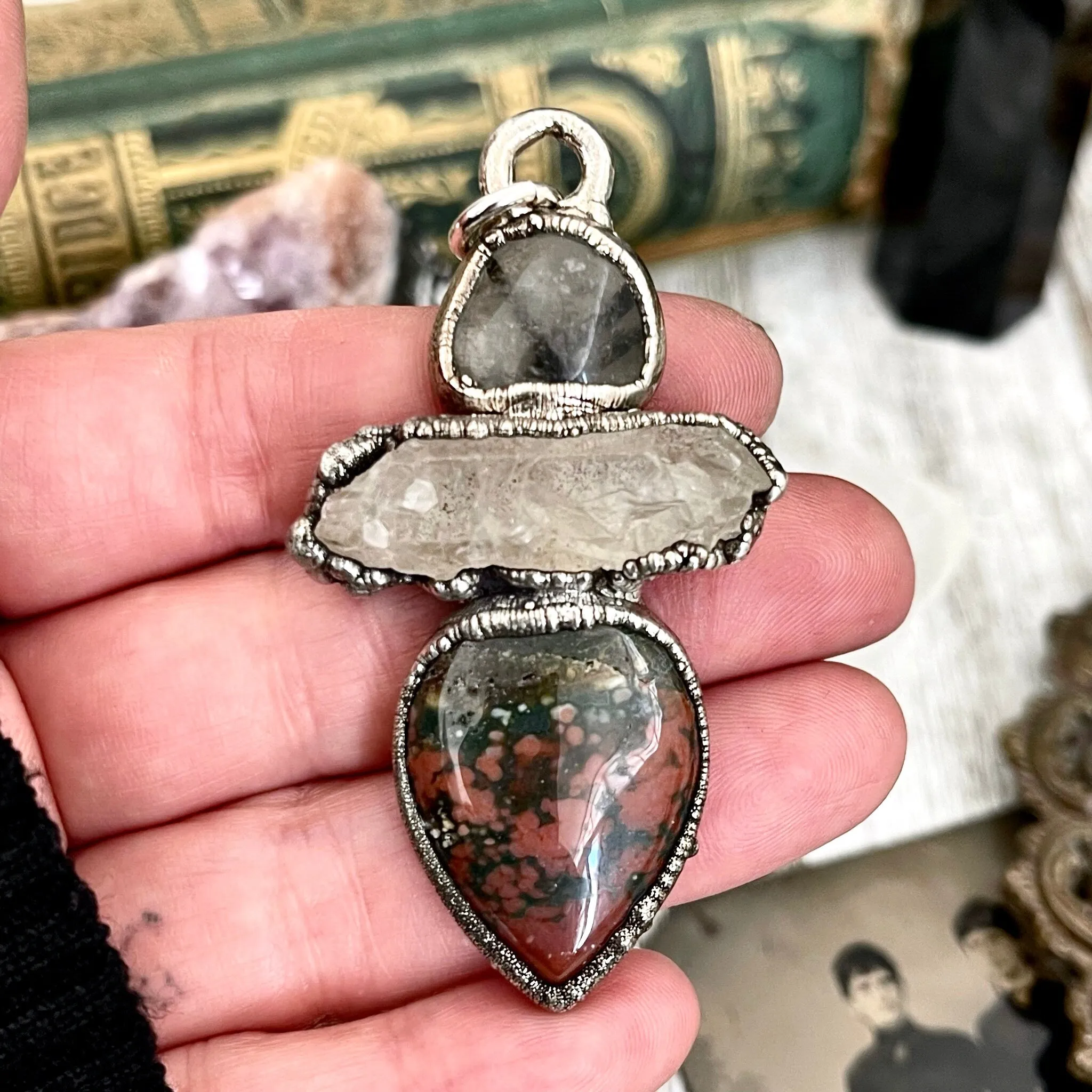 Three Stone Clear Quartz Tourmaline Quartz Bloodstone Necklace in Fine Silver / Foxlark Collection - One of a Kind Jewelry /