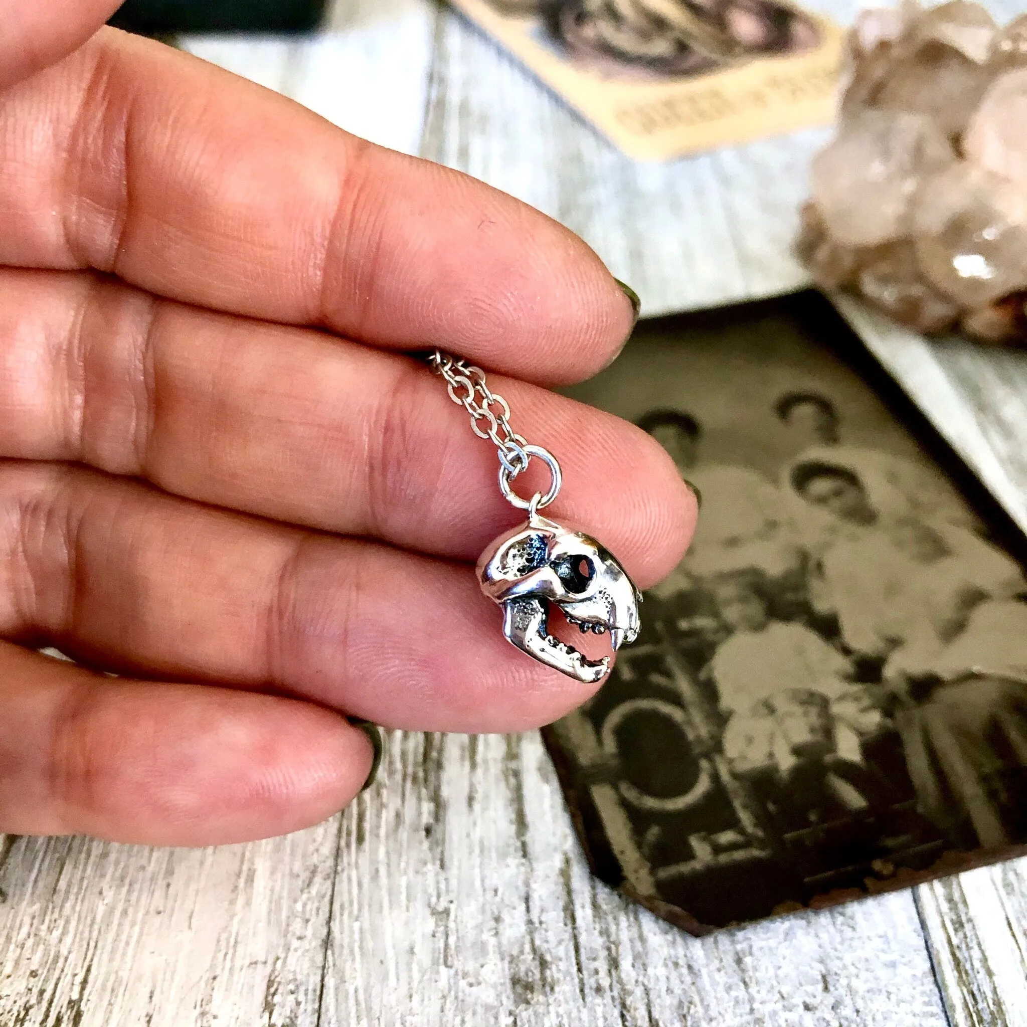 Tiny Talisman Collection - Sterling Silver Cat Skull Necklace Pendant  12x9mm  / Curated  Collection