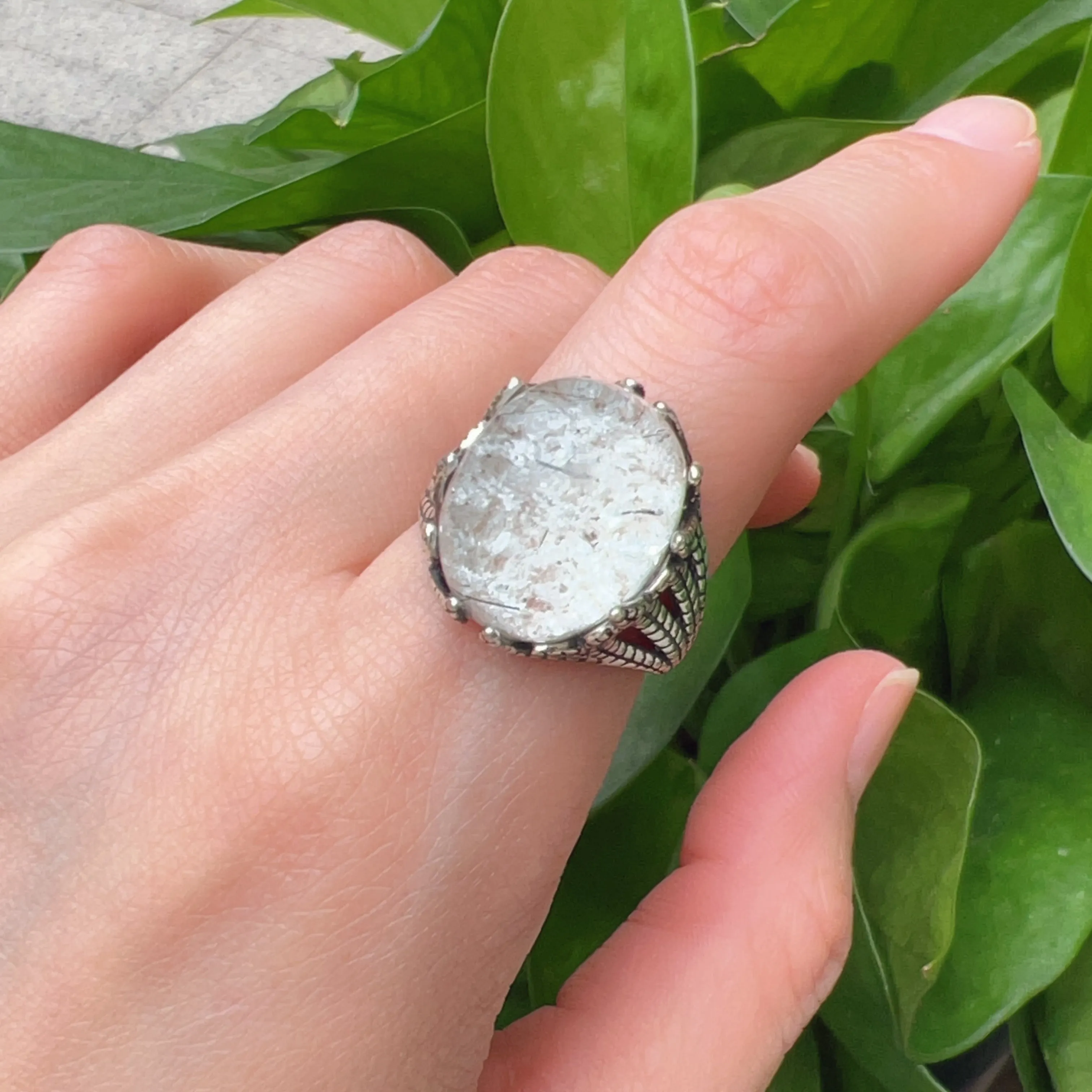 Top Clarity White Phantom Quartz Ring with Black Tourmalated Quartz Inclusion Handmade with 925 Sterling Silver