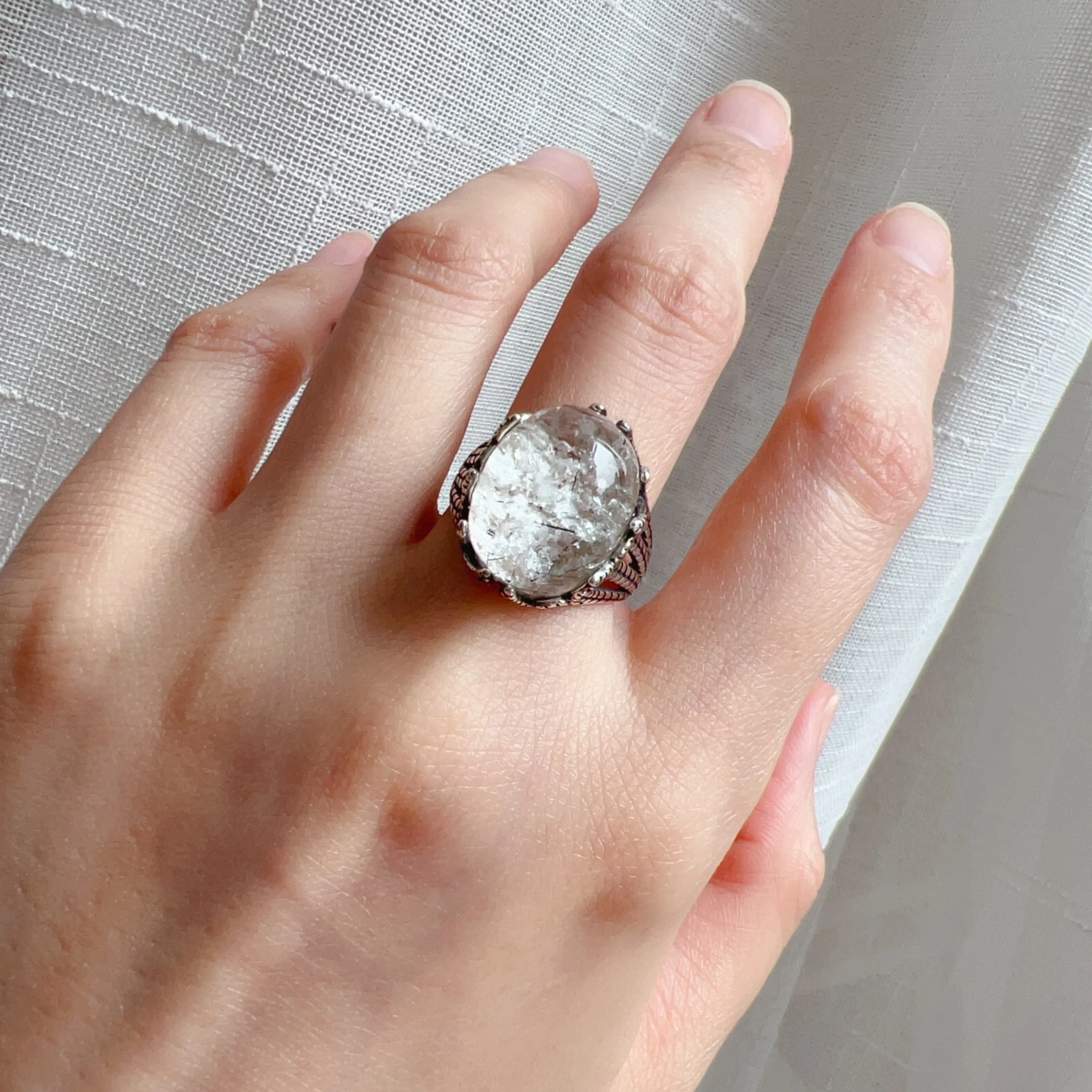 Top Clarity White Phantom Quartz Ring with Black Tourmalated Quartz Inclusion Handmade with 925 Sterling Silver