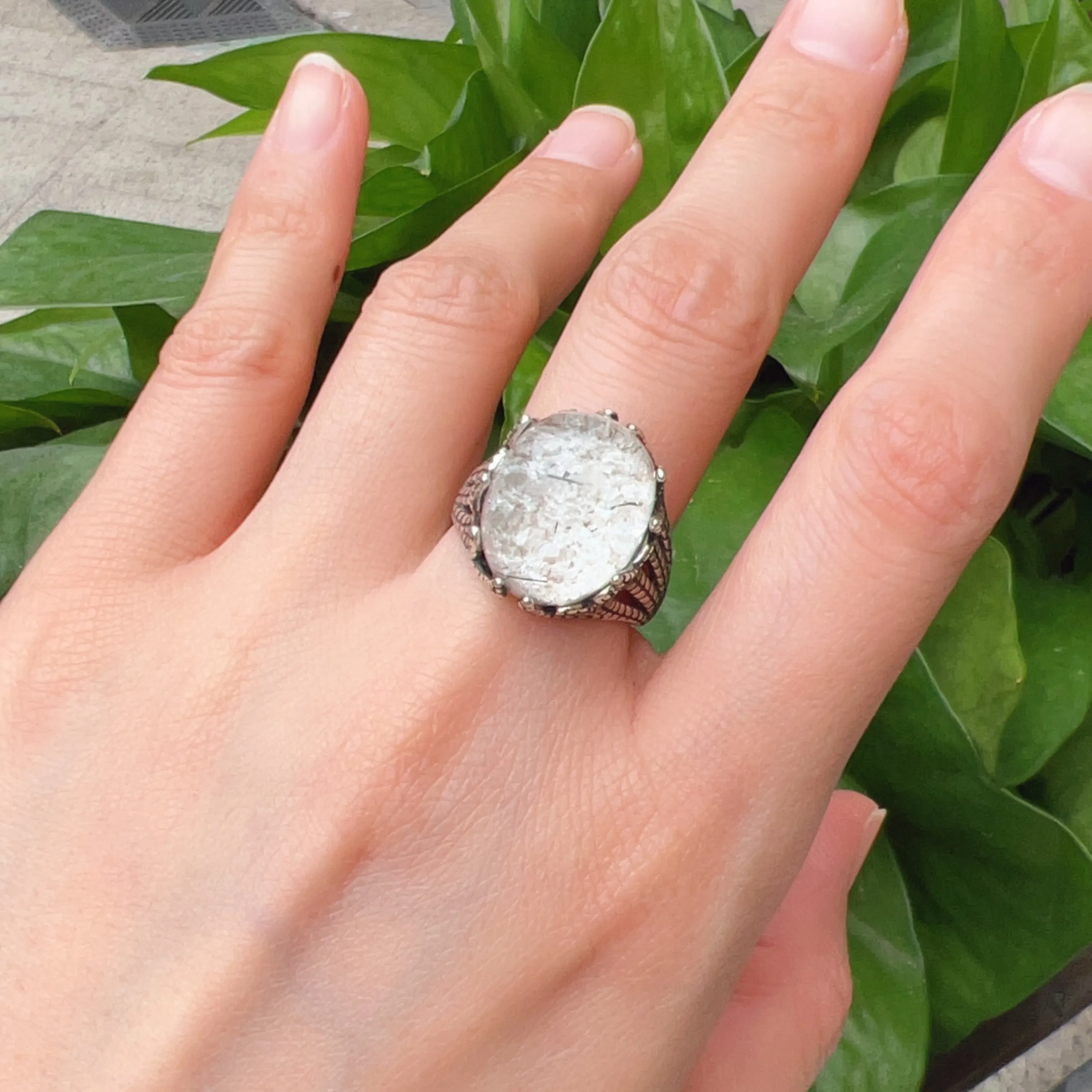 Top Clarity White Phantom Quartz Ring with Black Tourmalated Quartz Inclusion Handmade with 925 Sterling Silver