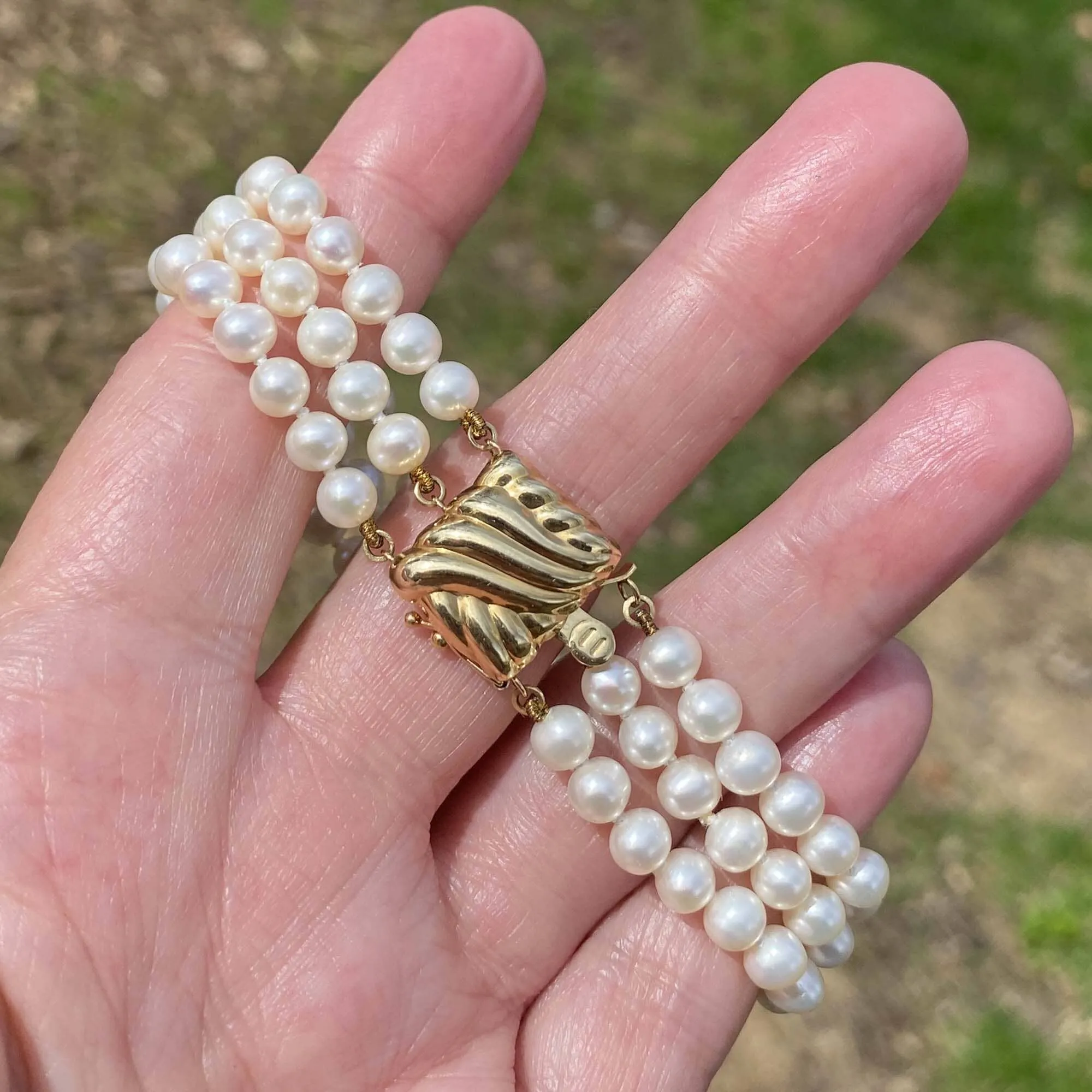 Vintage 14k Gold Three Row Pearl Bracelet