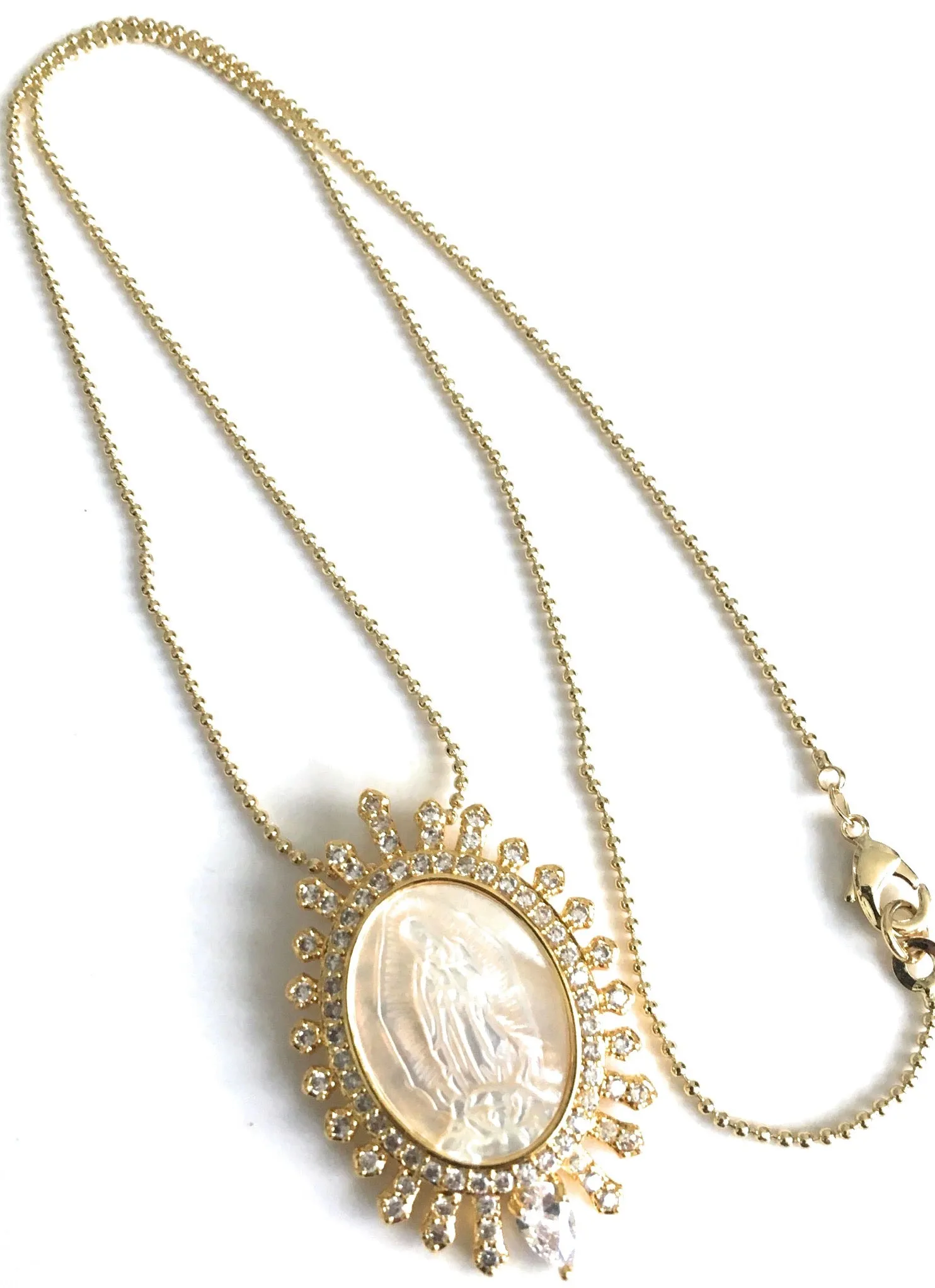 Virgen de Guadalupe Mother of Pearl Pendant Necklace 18K Gold Plated Chain