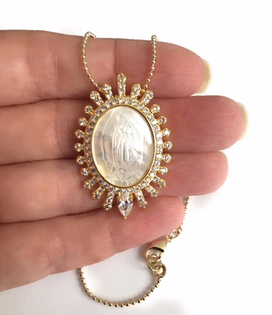 Virgen de Guadalupe Mother of Pearl Pendant Necklace 18K Gold Plated Chain