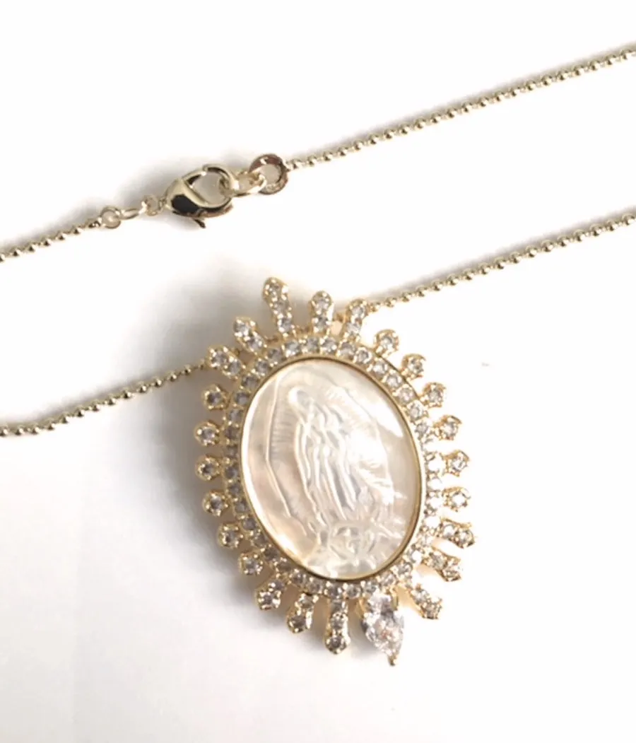 Virgen de Guadalupe Mother of Pearl Pendant Necklace 18K Gold Plated Chain