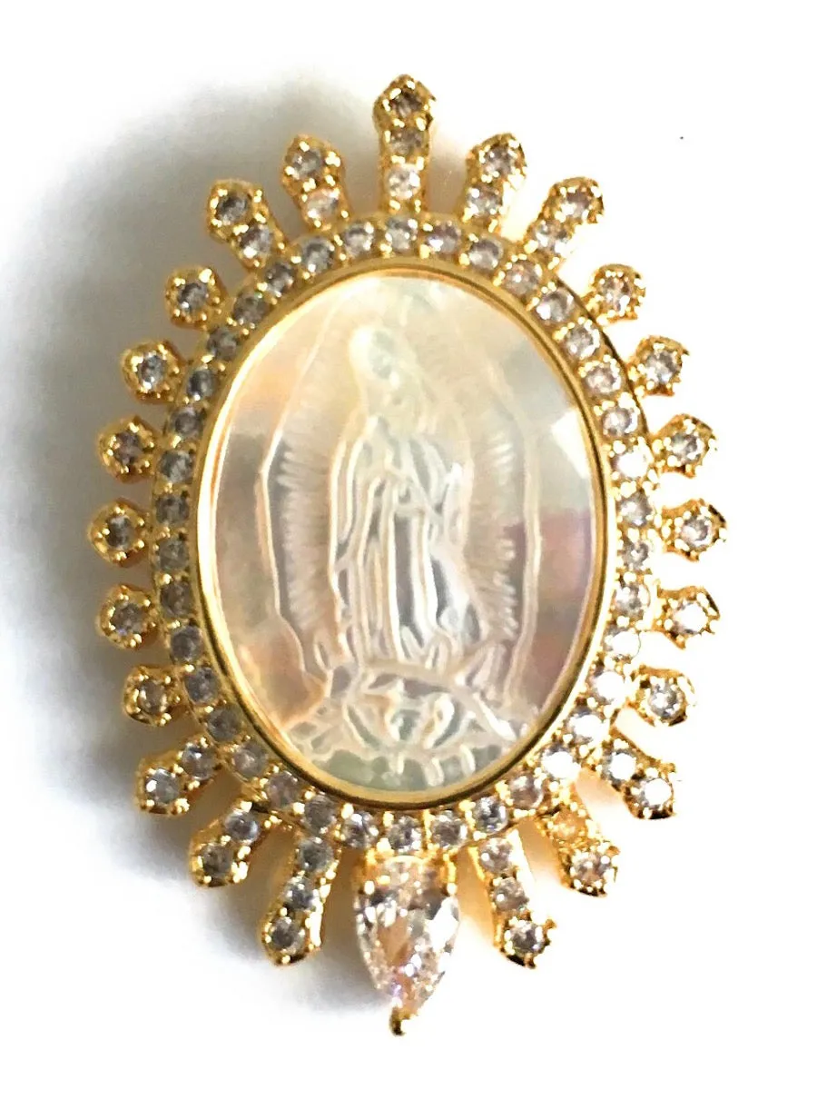 Virgen de Guadalupe Mother of Pearl Pendant Necklace 18K Gold Plated Chain