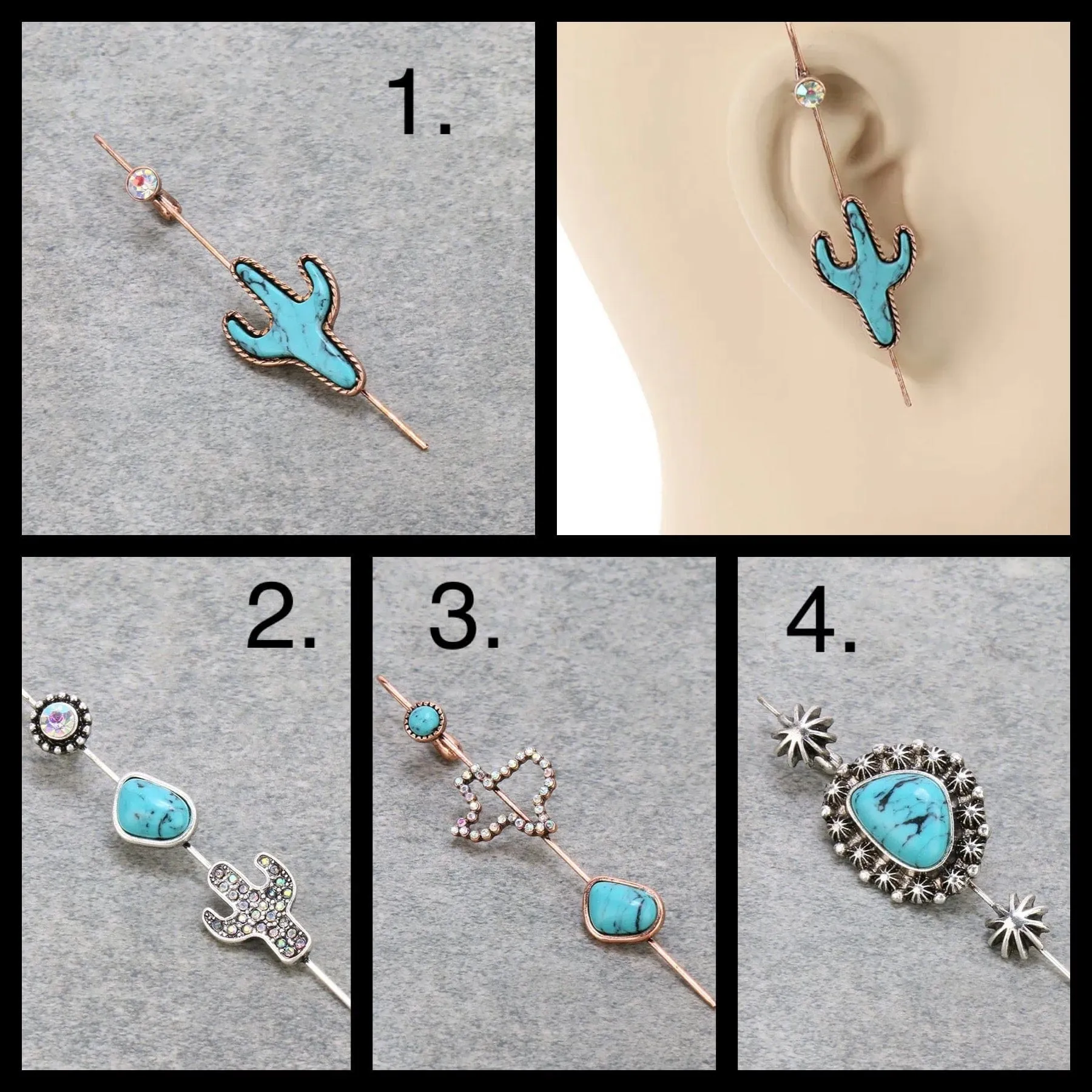 Western Cactus Ear Pin Earrings   Crawler