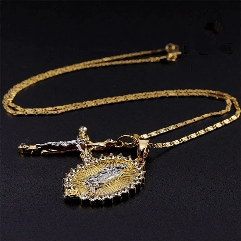 WWJD Gold Plated Jesus and Virgin Mary Crucifix Necklace