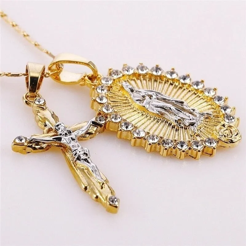 WWJD Gold Plated Jesus and Virgin Mary Crucifix Necklace