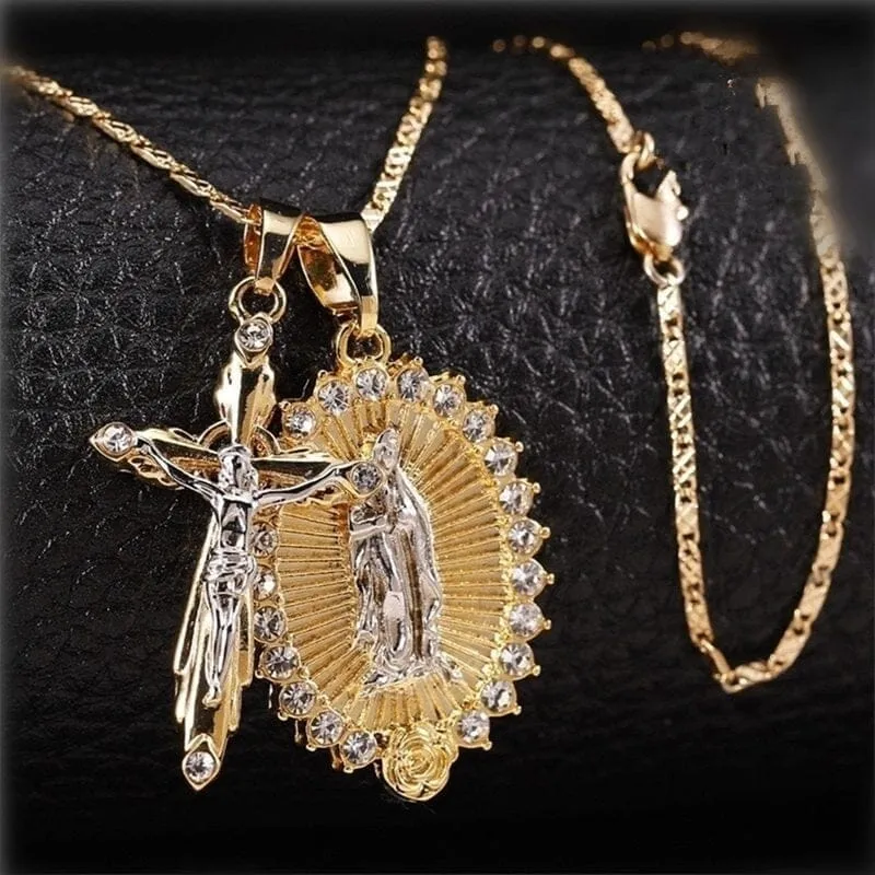 WWJD Gold Plated Jesus and Virgin Mary Crucifix Necklace